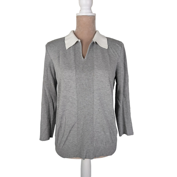 Karl Lagerfeld Paris Gray Knit White Point Collar Womens Large Top Polo Preppy - Picture 1 of 10
